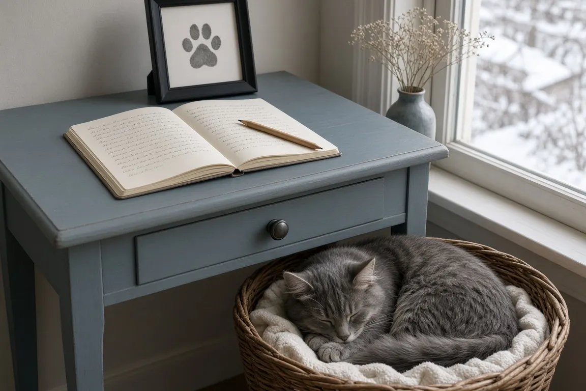A writing desk with a notebook, a framed cat paw print and a sleeping grey cat in a basket