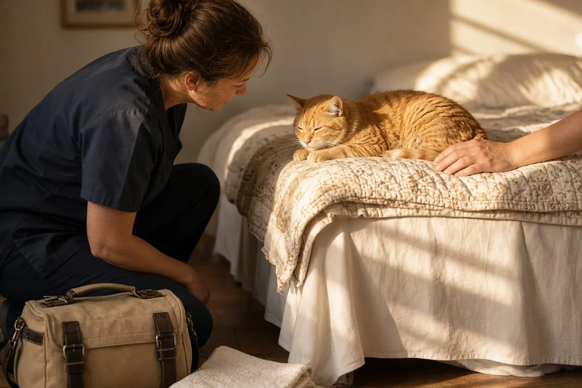A home-visit vet beside an old cat resting on a sunlit bed