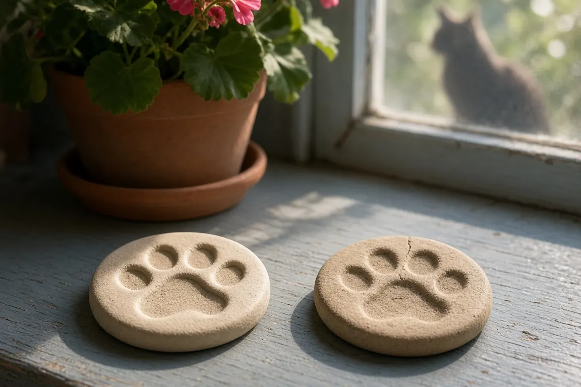 A weathered clay paw print beside a fresh one on a sunny windowsill