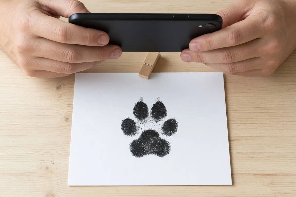 A flat ink paw print on white card being photographed from above with a phone on a sunny table
