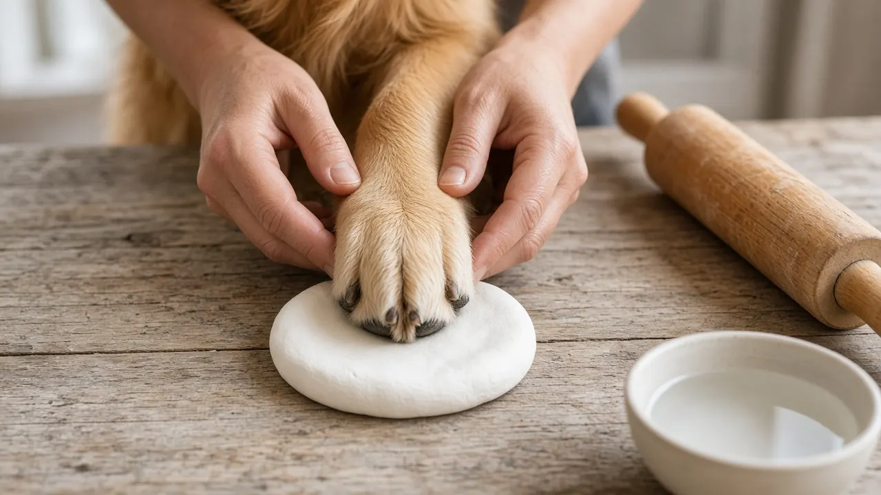 Hands gently guiding a golden retriever's front paw onto a round disc of soft white clay on a kitchen table