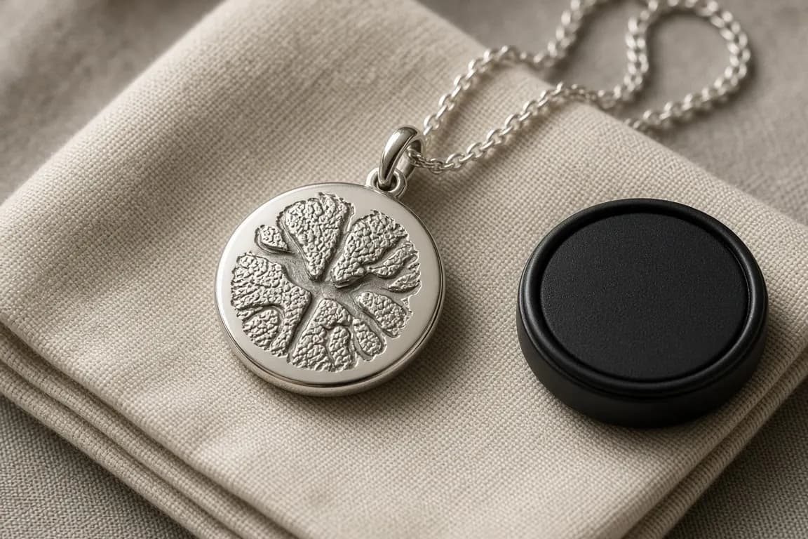 A silver pendant engraved with a dog's nose print lying on a folded linen napkin beside a black ink pad