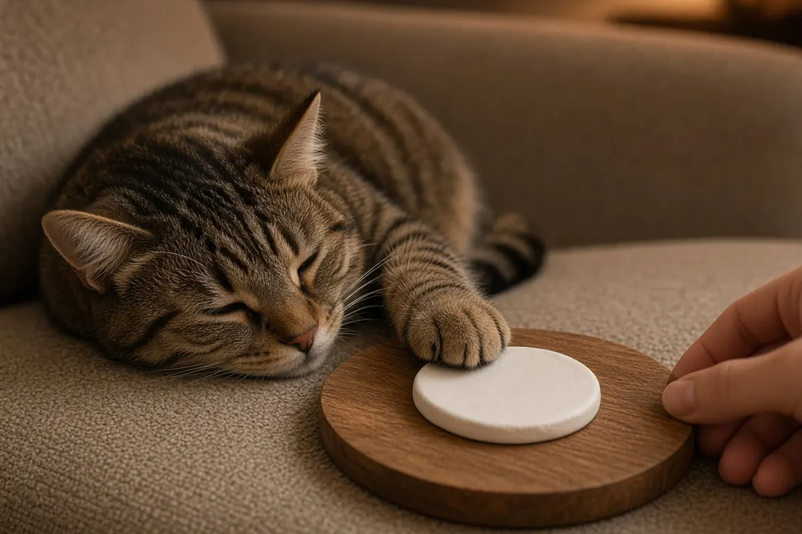 A tabby cat's paw resting on a small disc of soft clay