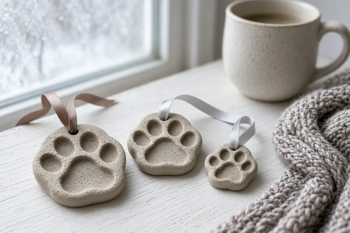 Three finished clay paw prints with ribbons on a windowsill