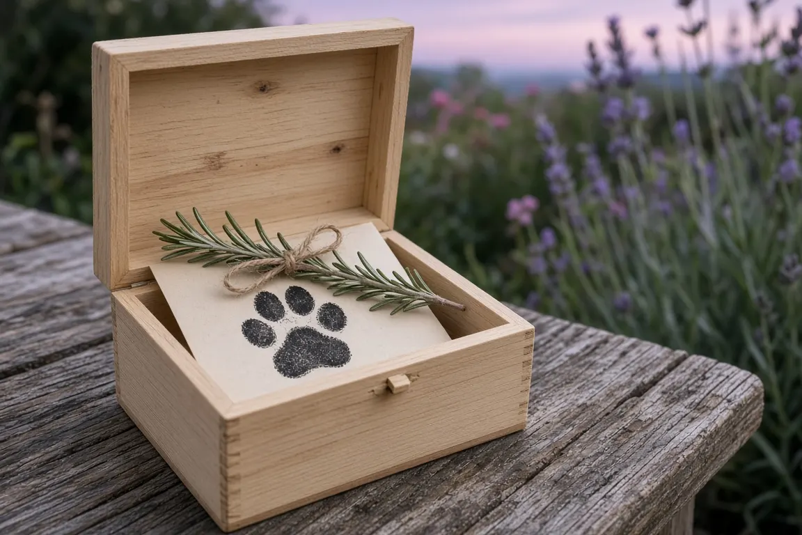 A small wooden box holding a paw print card and rosemary on a garden table at dusk