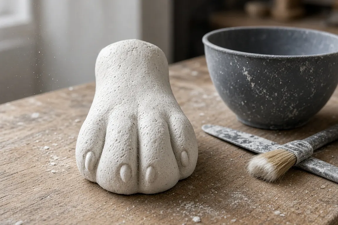 A white plaster cast of a dog's paw drying on a workshop bench