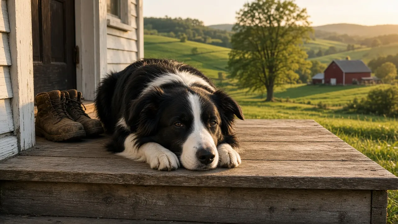 A border collie resting on a farmhouse porch step in evening light with fields stretching behind