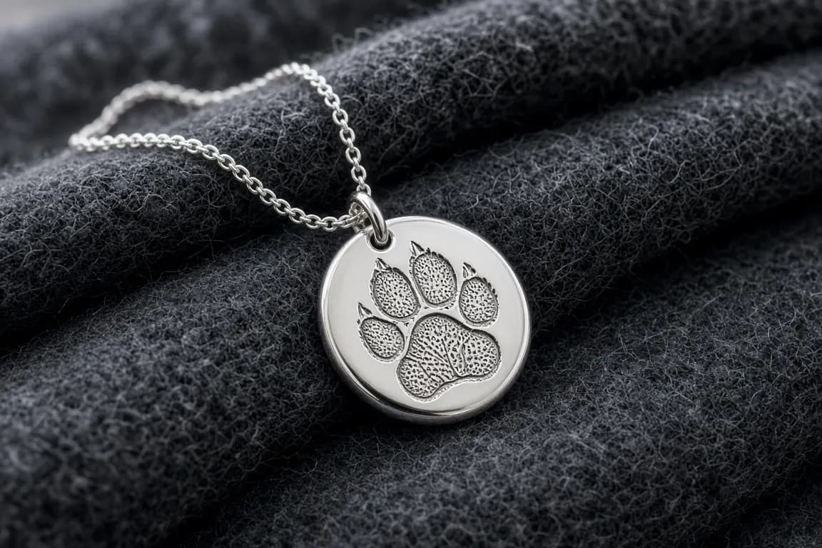 A silver disc pendant engraved with a dog nose print