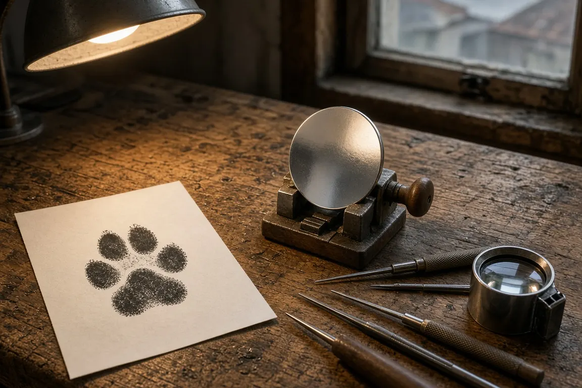 A jeweler's bench with a paw print scan and a silver disc