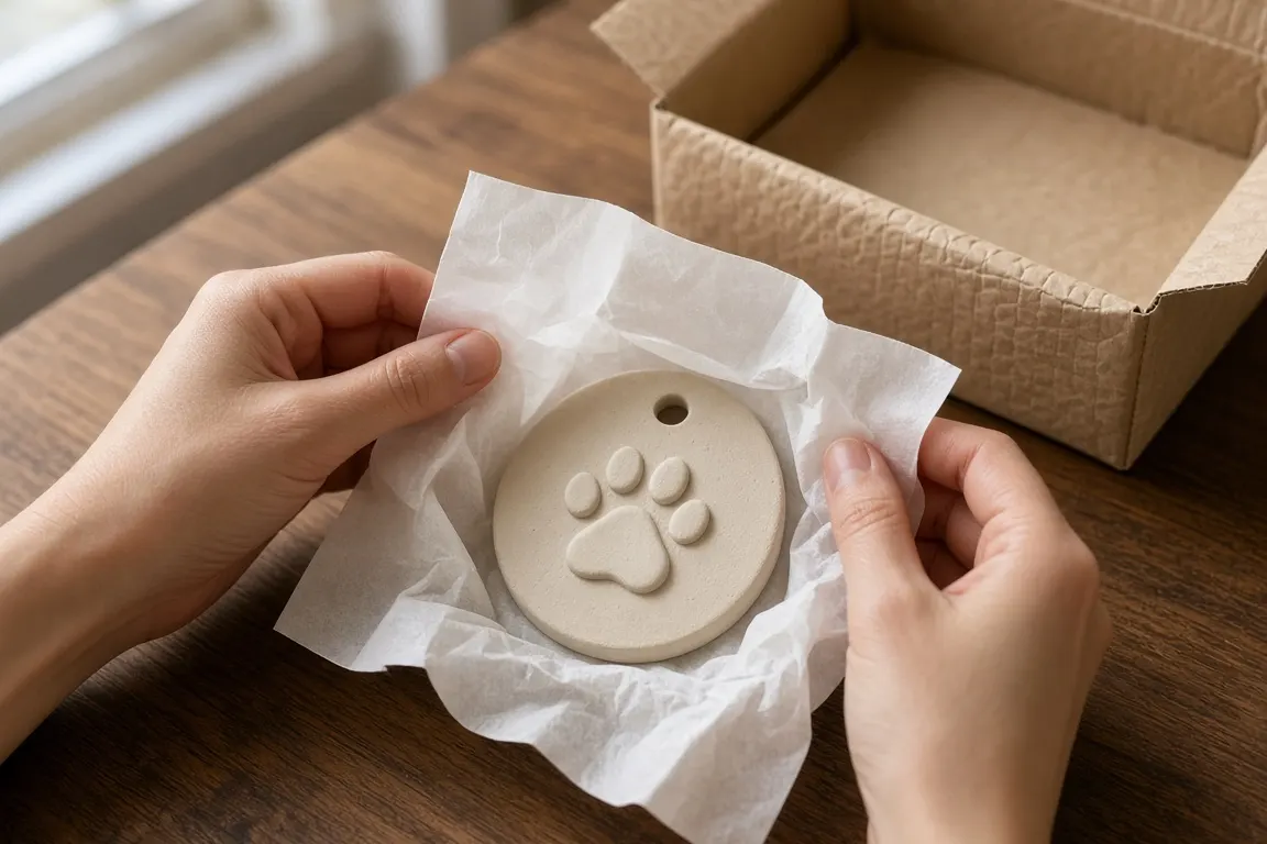Hands unwrapping tissue paper to reveal a clay paw print disc