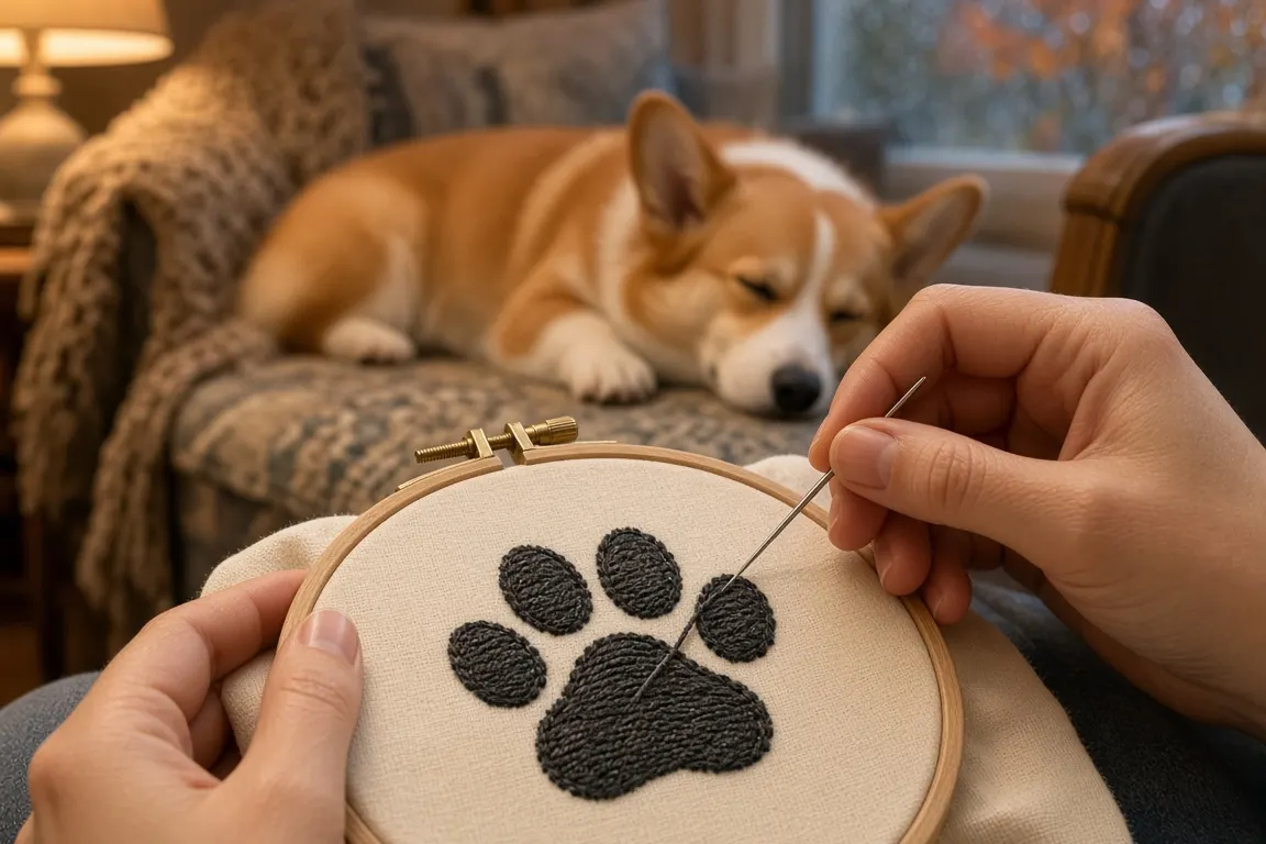 Hands stitching a paw print outline into fabric in an embroidery hoop