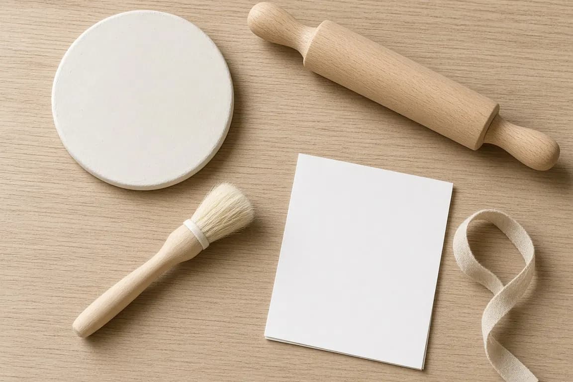 A clay paw print kit laid out on a table with a round clay disc, rolling pin and a small brush