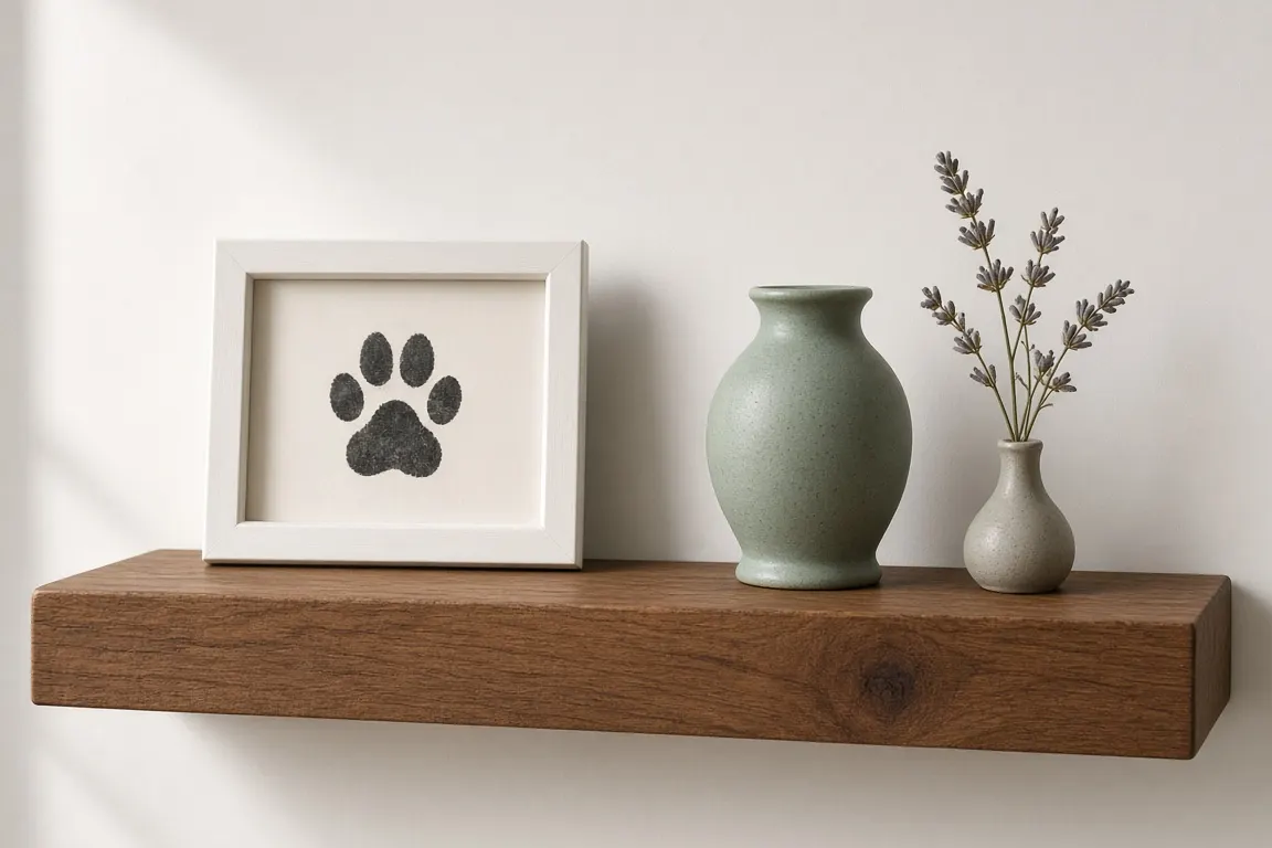 A wooden shelf with a framed ink paw print, a small ceramic urn and a sprig of dried lavender in soft morning light
