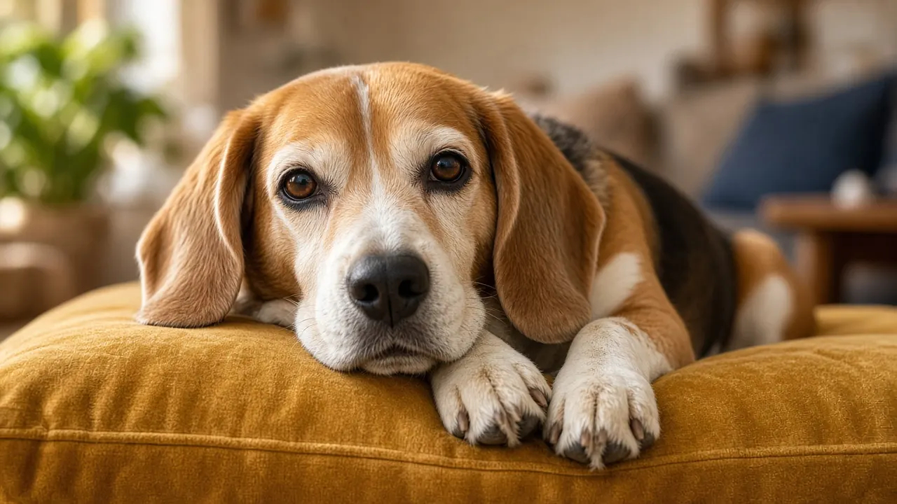 A grey-muzzled senior beagle resting its front paws on a cushion in warm afternoon light
