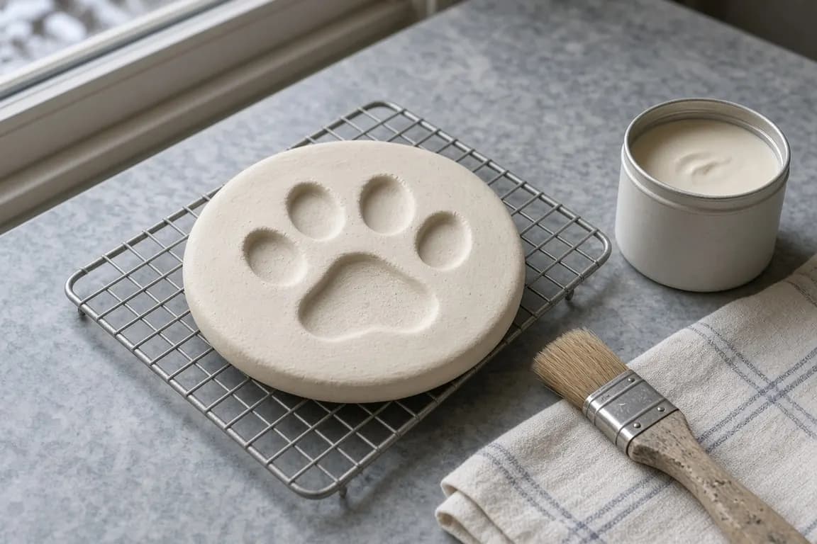 A clay paw print drying on a wire rack beside sealer and a brush