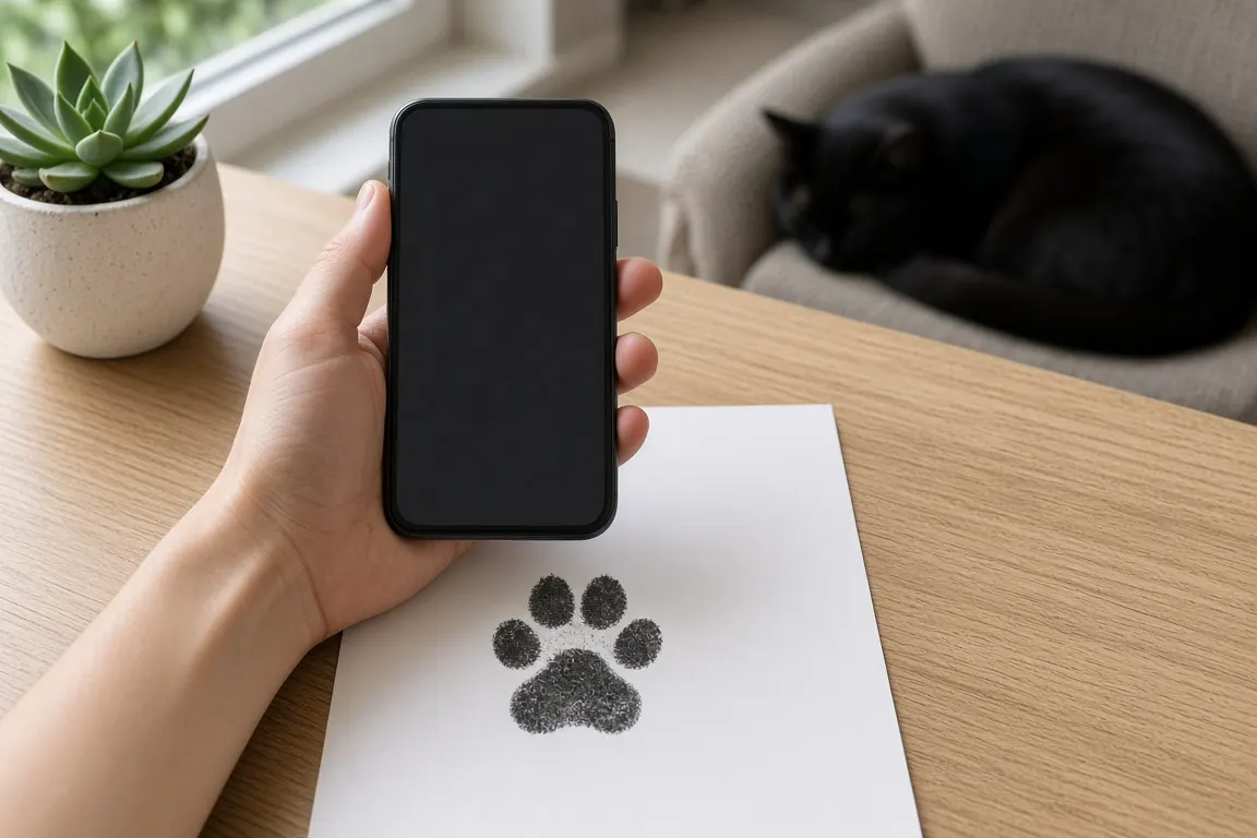 An ink cat paw print being photographed flat by a window