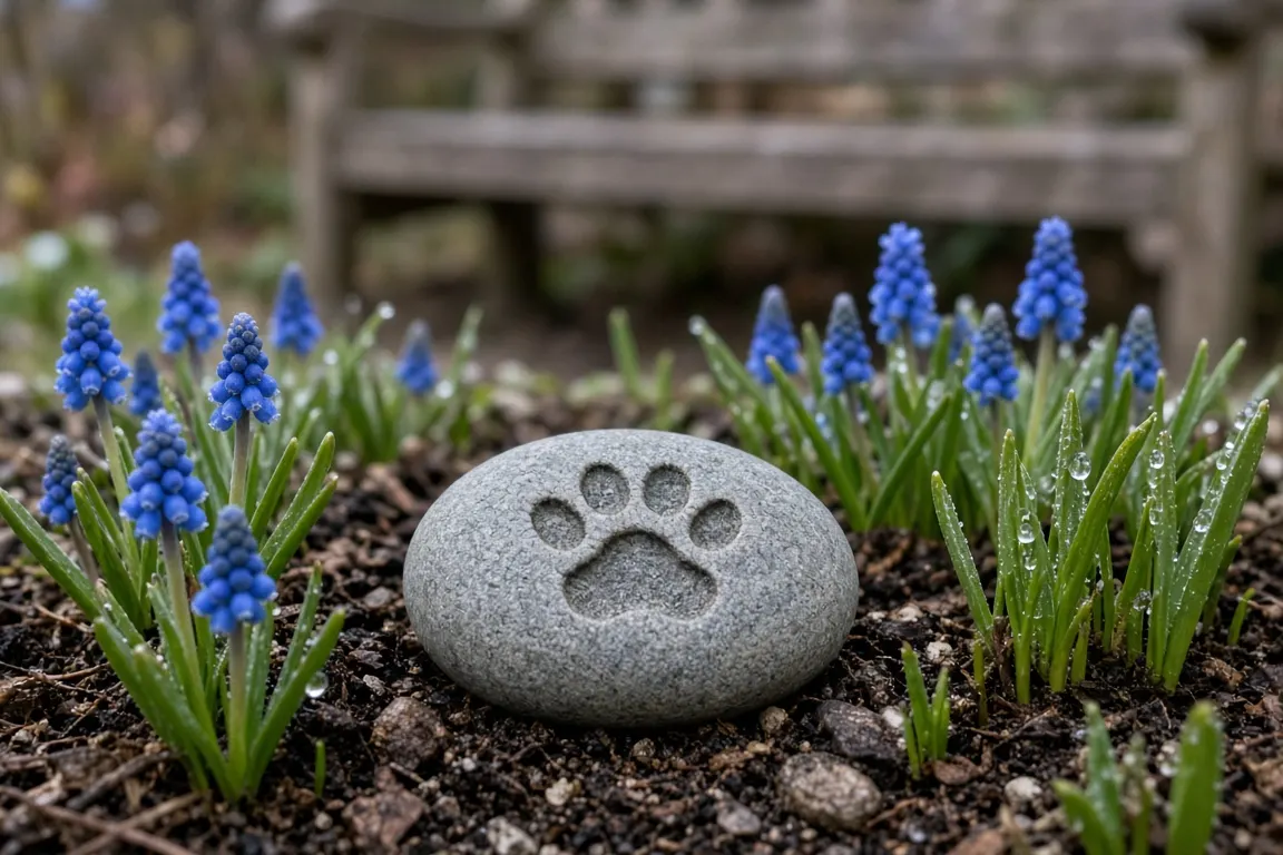 A small engraved garden stone with a paw print motif among spring bulbs