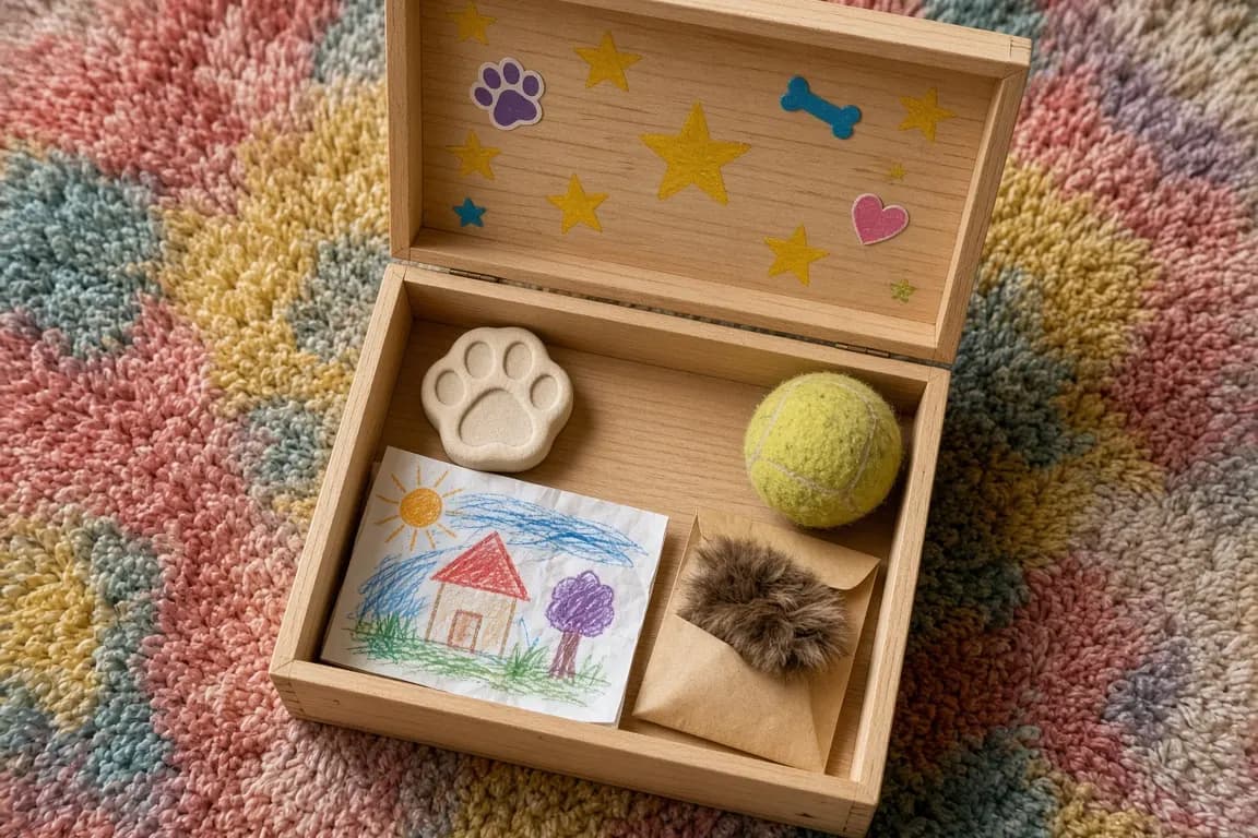 A child's decorated memory box holding a clay paw print, a ball and drawings
