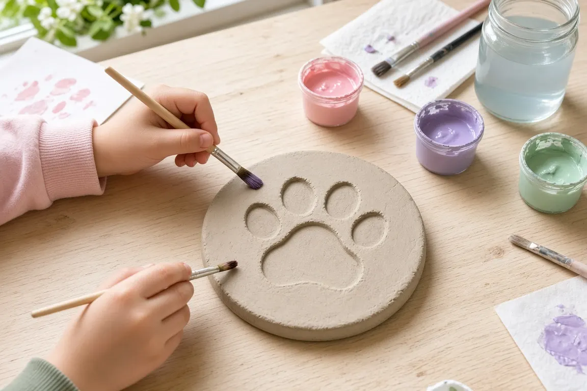 Two children painting around a dried clay paw print at a kitchen table