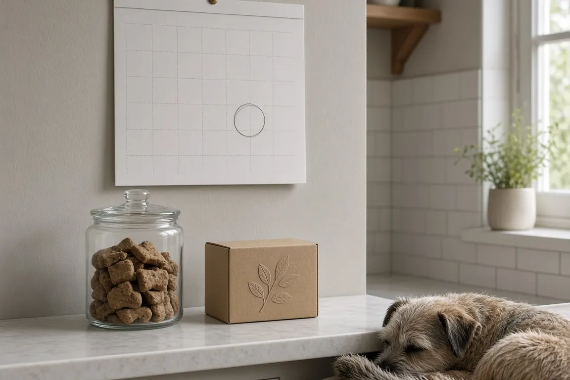 A kitchen wall calendar with one day circled beside a jar of dog treats and a clay print kit box