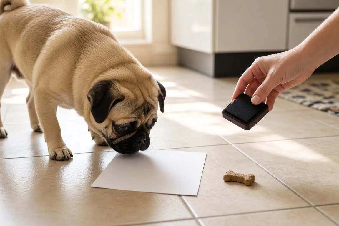 A living pug sniffing a sheet of paper on a kitchen floor while its owner holds an ink pad nearby