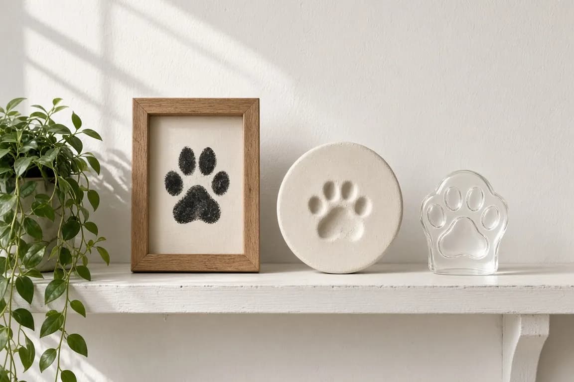 A row of paw print keepsakes on a shelf: an ink print in a frame, a clay disc and a small resin cast