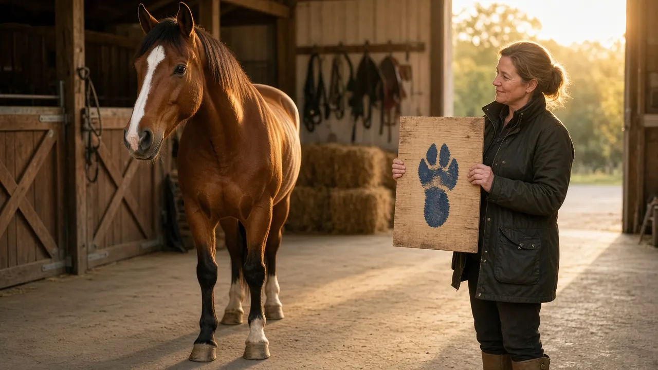 A chestnut horse standing calmly in a barn aisle while an owner holds a painted hoof print on a wooden board