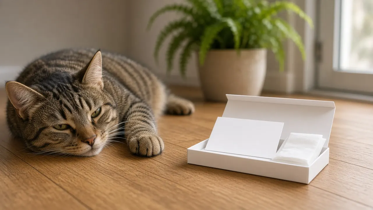 An open inkless paw print kit with a white card and wipe on a wooden floor beside a relaxed tabby cat