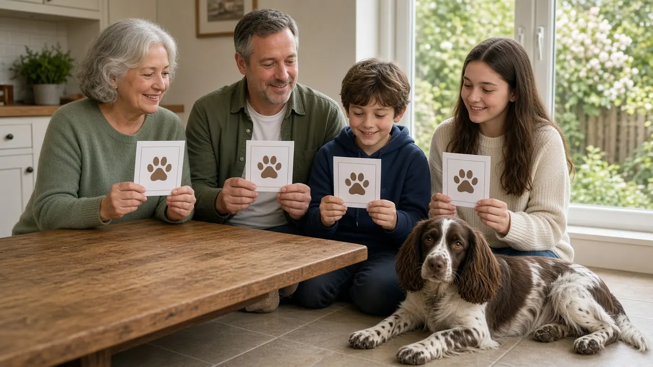 A family around a kitchen table each holding a framed paw print card, with a springer spaniel lying at their feet
