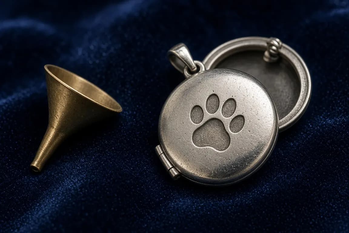 Close view of a round silver pendant engraved with a small cat paw print, open on a velvet cloth beside a tiny funnel