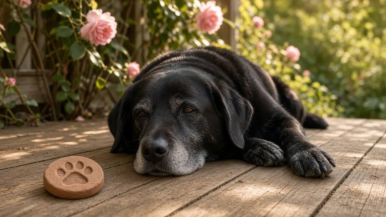 A grey-muzzled black Labrador resting beside a small clay paw print disc on a sunny wooden porch