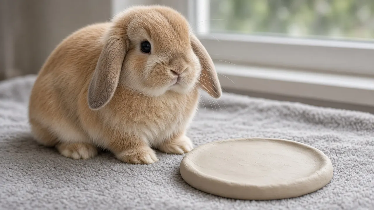A Holland lop rabbit sitting beside a smooth disc of pale clay on a soft blanket in a sunny room