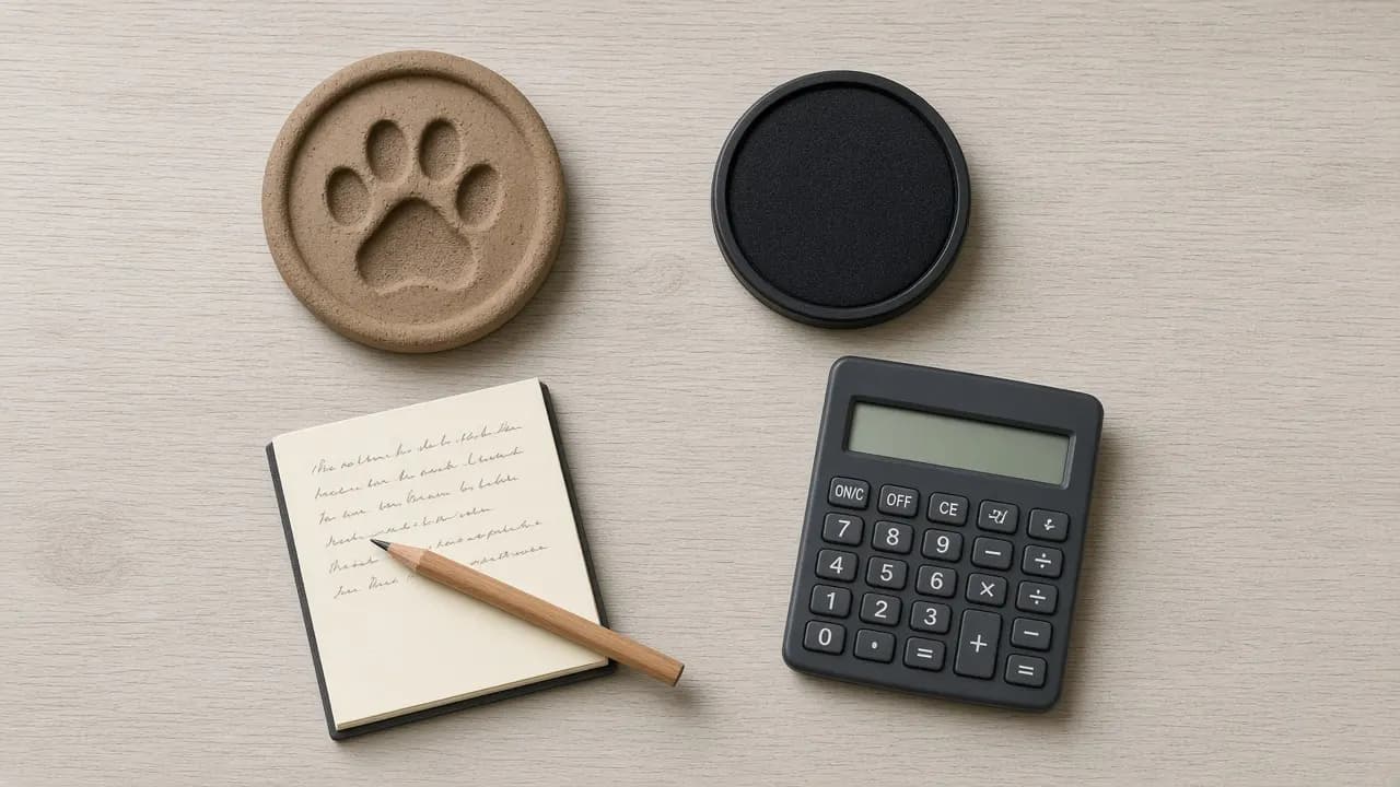 A clay paw print disc, an ink pad, a notepad and a calculator laid out on a pale wooden table
