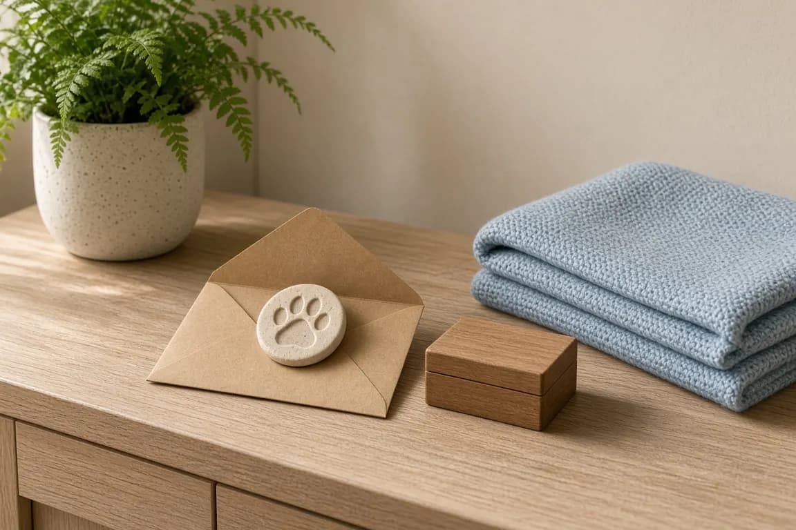 An envelope containing a clay paw print beside a small wooden box