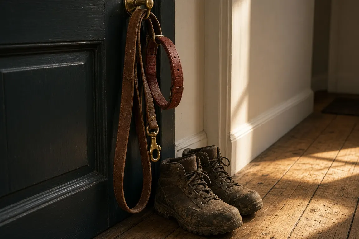 An empty dog lead hanging on a hook by a front door